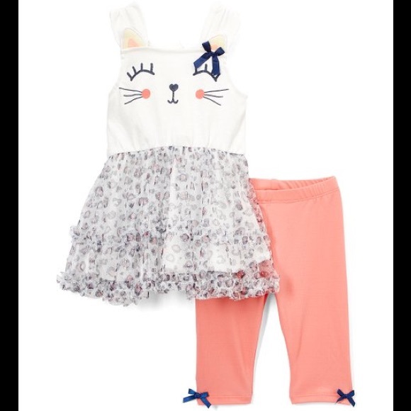 Nannette Cat Glitter Mesh Tunic & Coral Bow Shorts